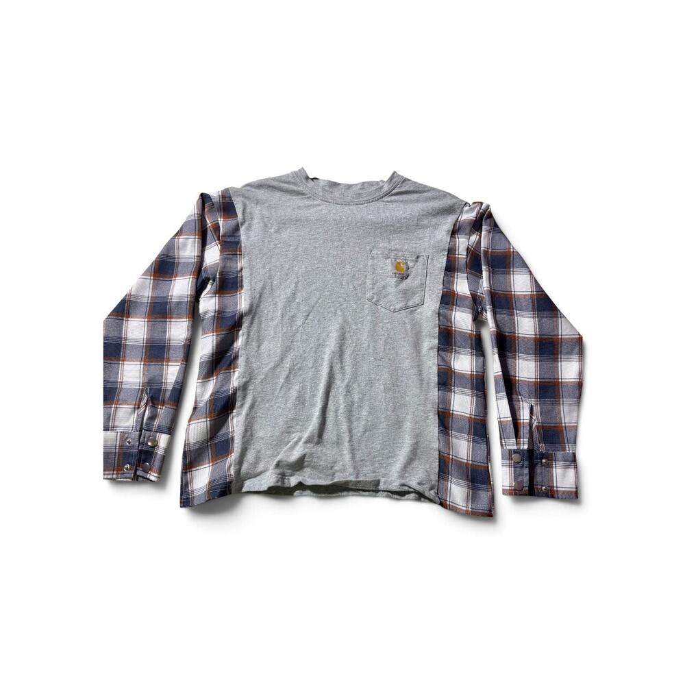 Carhartt Gray Long Sleeve Pocket Tee with Plaid Flannel Sleeves and Panels